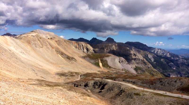 Imogene Pass Summit. Looking back down at Upper Camp Bird toward Ouray.