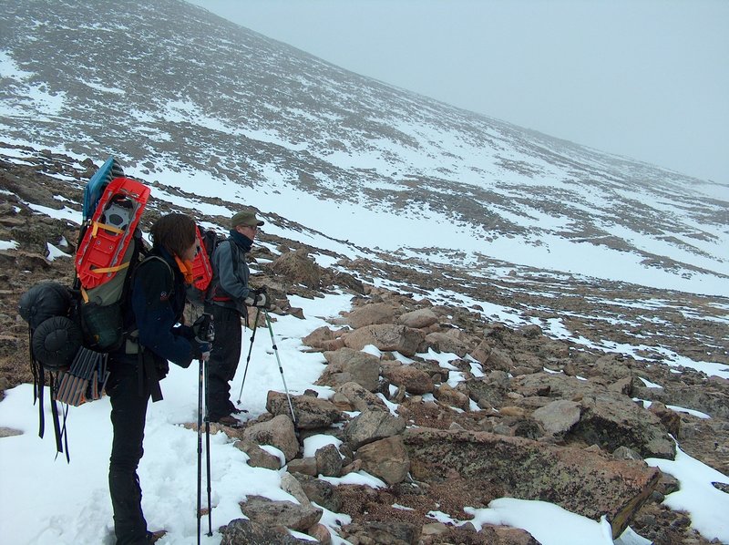 Granite Pass in squall, Chasm Lake Junction, Longs Peak, Rocky Mountain National Park, Colorado with permission from Richard Ryer