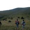 Hiking along the grassy slope toward the ridge. The drainage can be seen to the left.