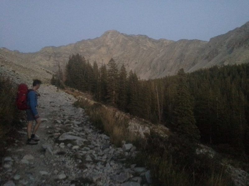 Nearing Lake Como at dusk, with Little Bear Peak in the distance.