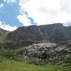 The descent gully, to the left of the photo, as seen from near the end of the Mt. Evans Trail