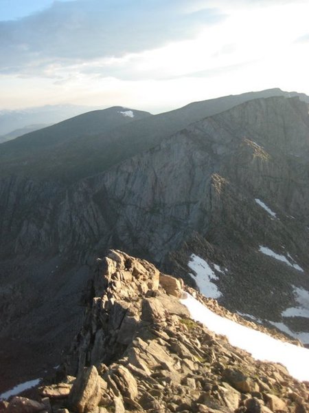 A look at the Sawtooth from near the summit of Mt. Bierstadt. Two large gendarmes can be seen above the saddle. Stay to the right of the first, and the left of the second.