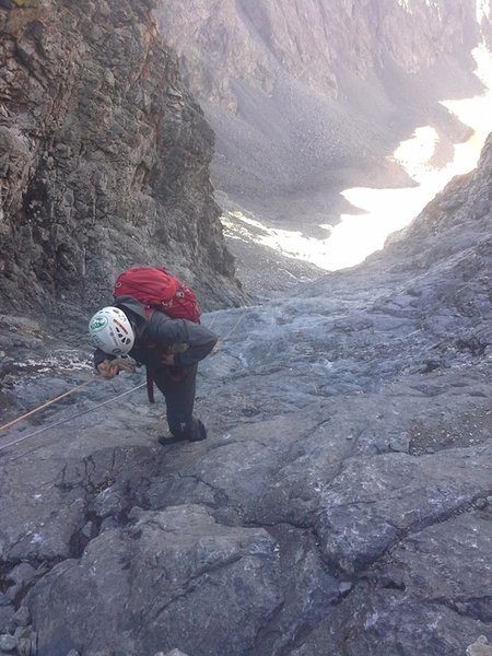 Rappel-hiking down the icy Hourglass in early fall. Minimal sunlight = icy.