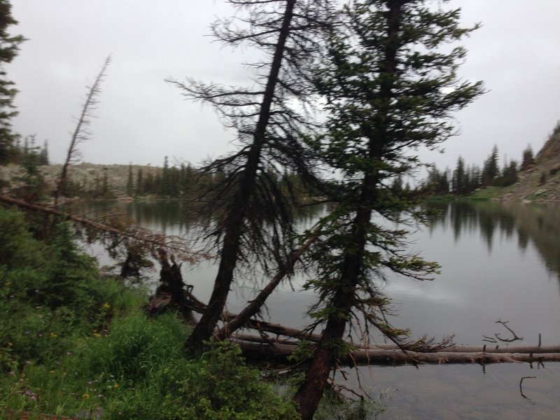 Salmon Lake looking back down the drainage which typically you can see out of! We were socked in the clouds.