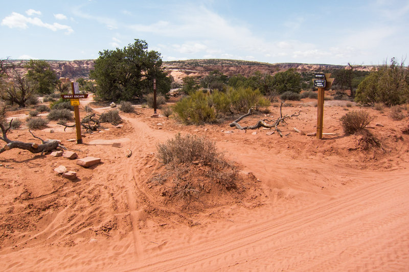 Trail junction of Bull Run, Great Escape, Arth's Corner and Gemini Bridges Road.