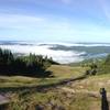 This overlook from Mt. Tremblant summit shows Lake Tremblant partially under cover of morning fog.  This was August, with temperatures in the 40's at the base, and 60's at the peak.