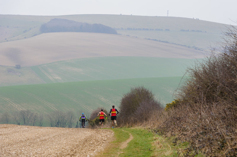 The front runners in the 2015 Moyleman Marathon as they head down towards Housedean Farm. The climb up to the top of Kingston Ridge lies ahead.