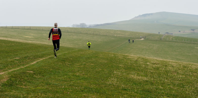 The 2015 Moyleman marathon field is fairly spread out by the time they reach the long climb up towards Firle Beacon