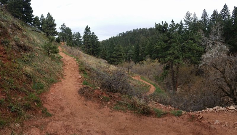 The turn on the Mesa Trail down to the steps to the stream crossing behind NCAR