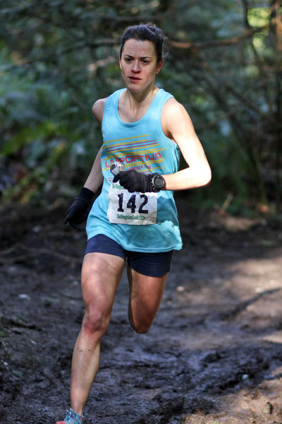 Bombing down Dan's Traverse during the Fragrance Lake Half Marathon.