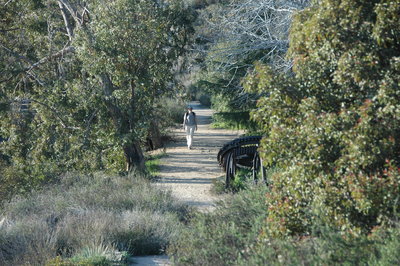 Hiker passing old cog railway parts.