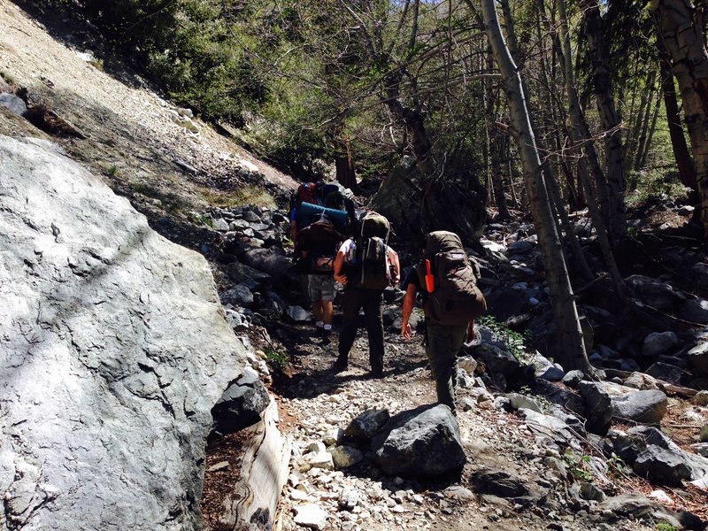 Large group of scouts headed up for an overnight - very polite hikers!