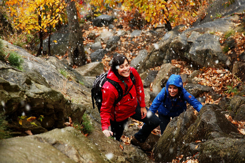 Heading up the Breakneck scramble in light snow