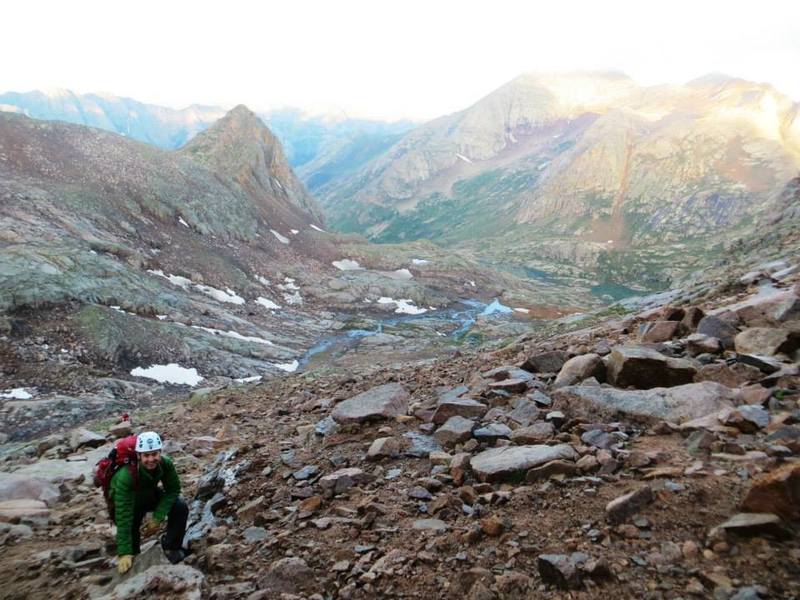 In the upper basin below Sunlight Peak, approaching the gully or "red couloir."