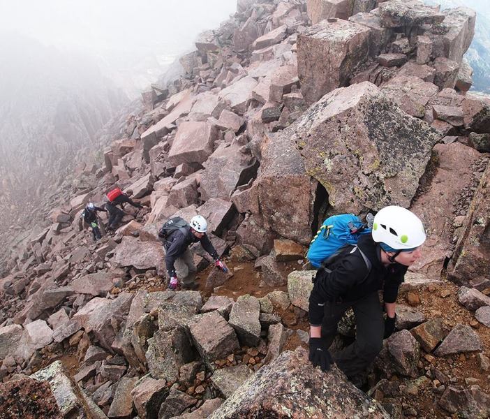 Be careful on the loose, rocky terrain on Windom Peak's alternate route, the connector with Sunlight Peak.