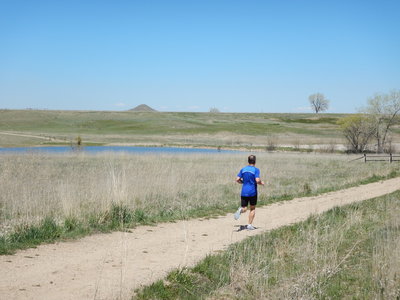 Running downhill towards the pond on the Eagle Trail
