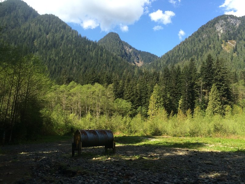 The Debris Chute.  The search and rescue supply drum can be seen in the foreground.  Crown and Fromme Mountains are in the background