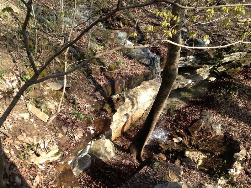 Seasonal waterfall below the South Plateau Loop.  If water is flowing under the bridge on the trail above it, the waterfall will be running.