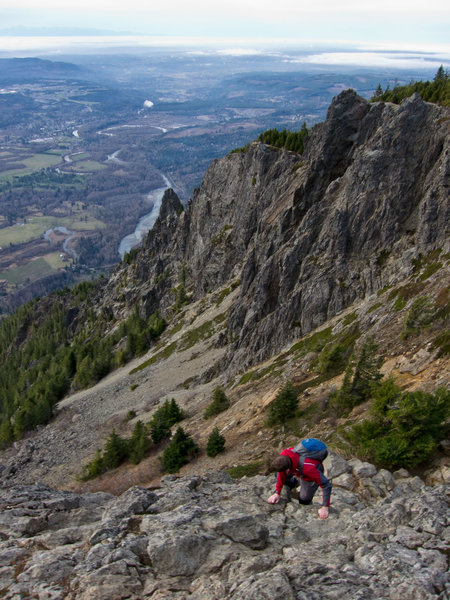 The exposed scrambling to the true summit of Mount Si - caution advised! Fun if you know what you're doing, but it would be very unpleasant if wet.