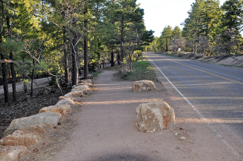 North Rim Bridle Path is leaving the road and continuing north from the Grand Canyon Lodge (photo by NPS)