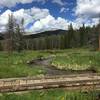 Bridge crossing with meadow and Indian Peak views