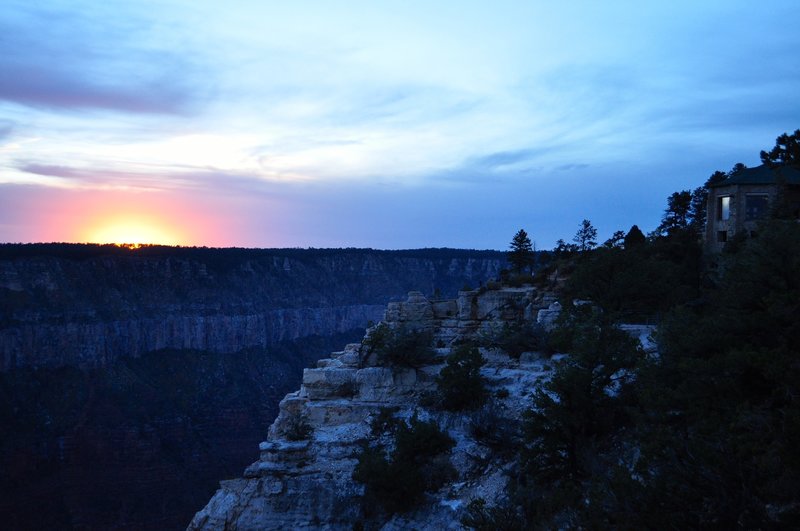 North Rim Lodge with the sun setting.