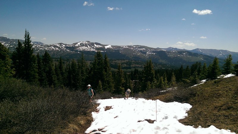 Climbing up the snowy trough to the saddle