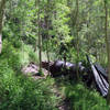 In a nice grove of aspen you'll find remains from the Grizzly Bear gold and silver Mine. Look across the canyon for the mine tailings.