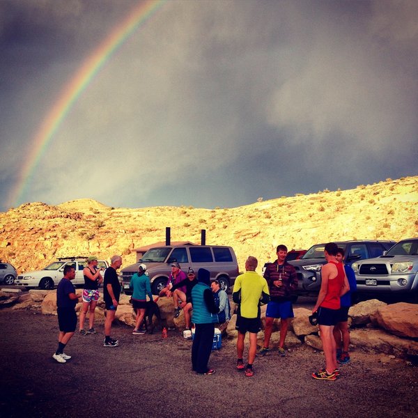 Post-run parking lot social hour with the Mesa Monument Striders.