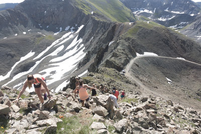 Great look at the summit scramble with jeep road below. Kendall Mountain Run 2015