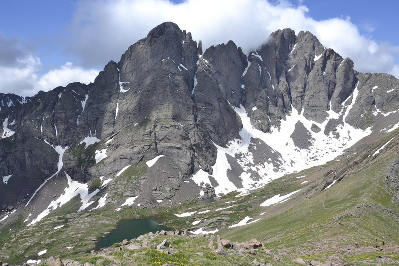 Looking west at Crestone Peak and Needle with Upper South Colony Lake below. View from Humboldt Peak west summit ridge.