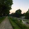 Section of trail in Morris.  Notice the footbridge connecting to the neighborhood on the other side of the canal.