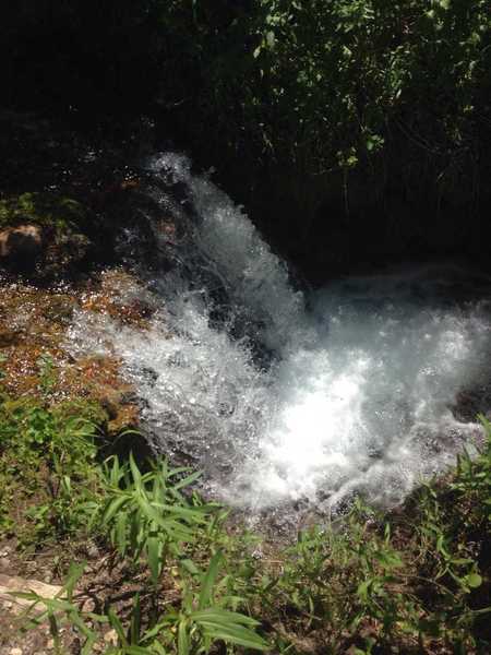 A view of a small cascade along the trail that dives into a deep pool