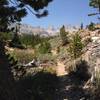 The trail a head with the Minaret Range.