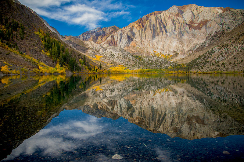 Convict Lake in the fall, aspen trees are firing in color.