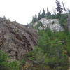 A look upward to the remaining bluffy portion of the trail. Although it looks exposed, the route has good friction on the rock.