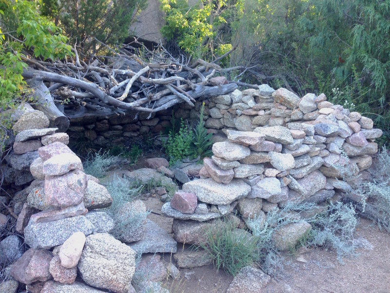 The rock foundation marking the trail's entry into the denser forest of the canyon.