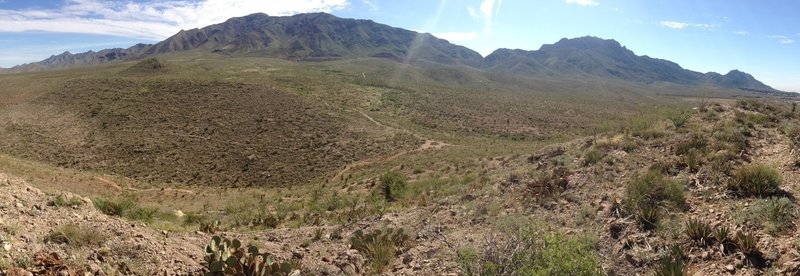 A view from the top of La Espina Hill east towards the Franklin Mountains. The Suicide Drop is to the left, La Espina is to the right. Mayberry, Broke Back, Little Moab West and even Transmountain Summit are all visible in the distance. It's hard to capture the variety of the foothills here.