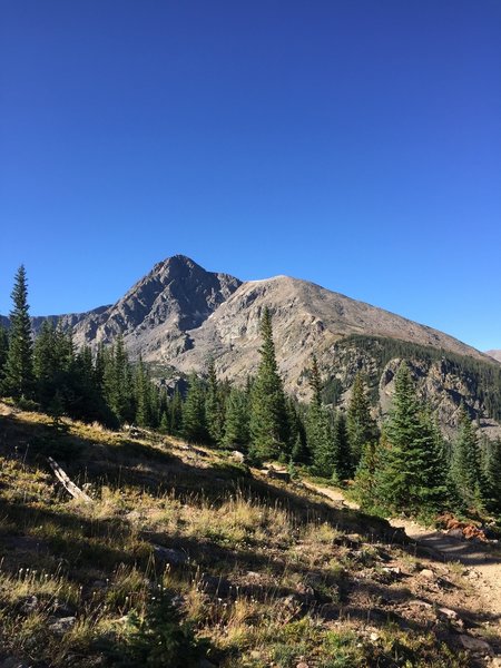 Holy Cross pops into view below Half Moon Pass. Its namesake cross can't be seen this late in the summer, but is stunning in the spring and early summer.