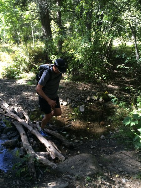 Lupe crosses Holy Ghost Creek on the Spirit Lake Trail