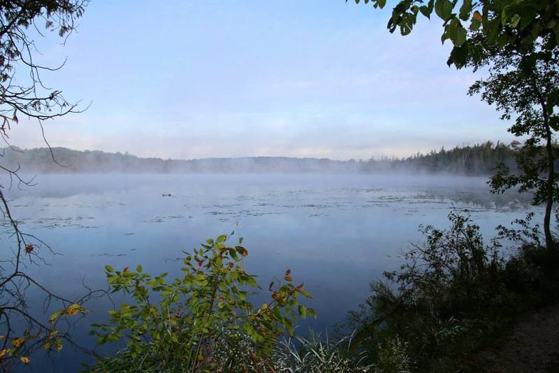 A stop (just off the Ice Age Trail) at Mauthe Lake at sunrise, with fog rising over the relatively warm waters.