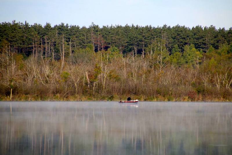 A stop at Mauthe Lake (a very short jaunt off the Ice Age Trail). Morning lake fog/steam adds to the scenery.