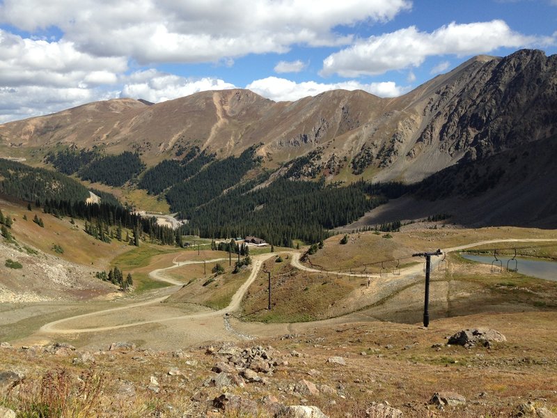 Looking down over the ski area from about 3/4 of the way up the summer road.