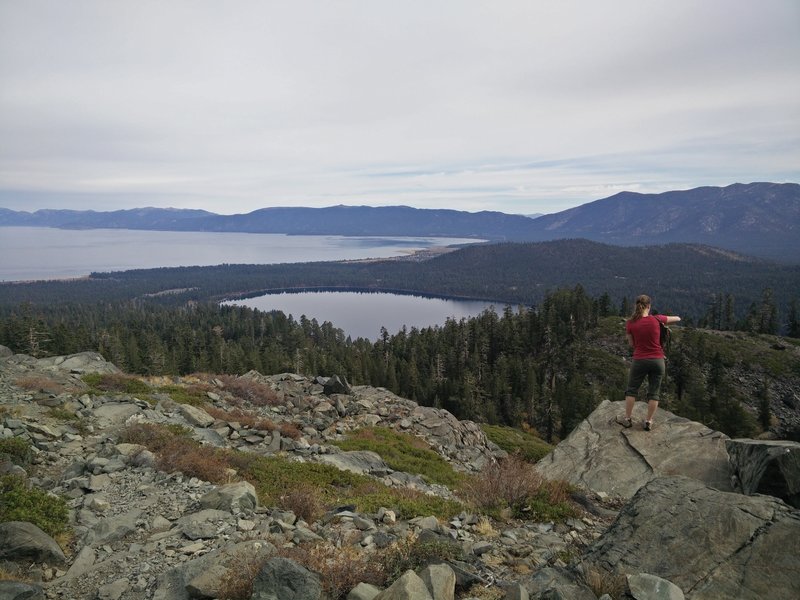 Lake Tahoe and Fallen Leaf Lake from just above Cathedral Lake.