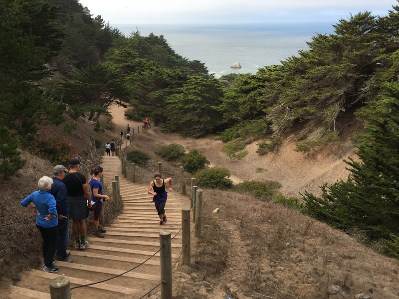 Running the steps that bypass the eroded trail section