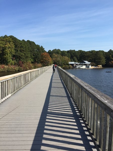 The footbridge that crosses Lake Johnson.  You are likely to encounter fishermen and other park users on this section of the route.