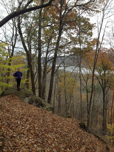 Hiking past rocks and the Ohio River on the Scenic River Trail.