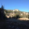 A small dry pond and cliffs near Steam Mill Lake.