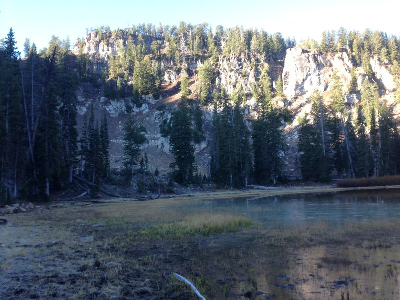 Steam Mill Lake (half frozen over) and the cirque headwall above it.