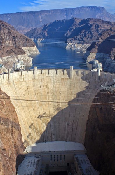 Looking at Hoover Dam from the bridge.